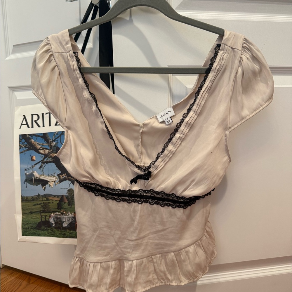 La Hearts Cream Top with Black Lace Detail